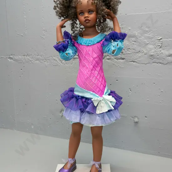 Jan Mclean "Nikita" doll on stand - signed on back, # 12 of 3500 - some fading / staining to fabric in front of dress,