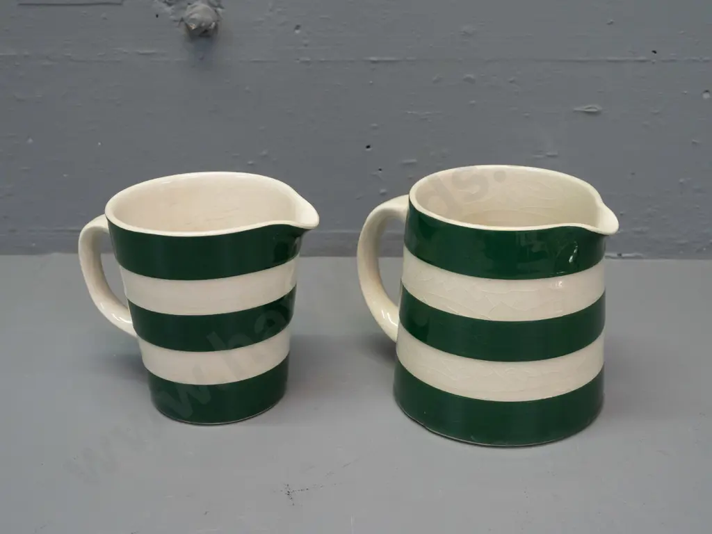 2 green Cornish ware jugs, one with measuring markings inside - marked Traditional TG Green Ceramic from Cloverleaf Image 1++