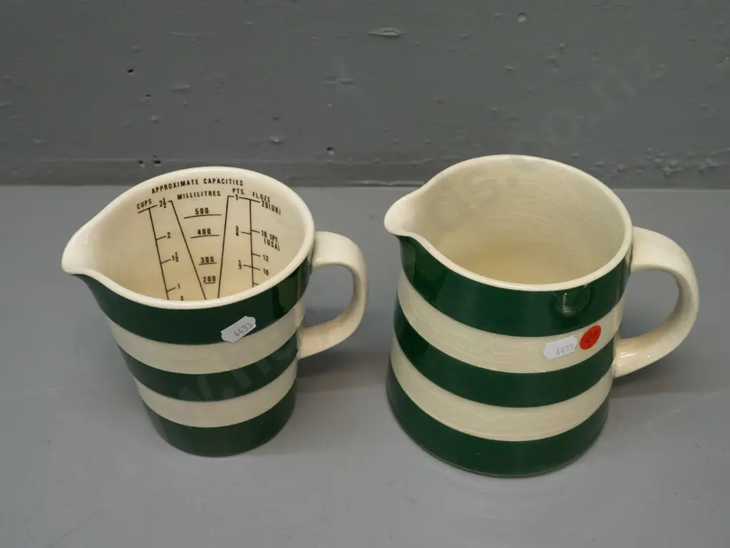 2 green Cornish ware jugs, one with measuring markings inside - marked Traditional TG Green Ceramic from Cloverleaf Image 1++