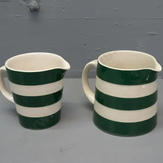2 green Cornish ware jugs, one with measuring markings inside - marked Traditional TG Green Ceramic from Cloverleaf
