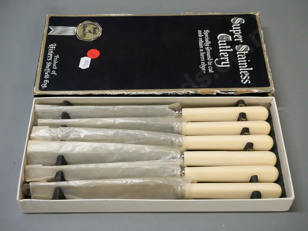 as new boxed set of Viners of Sheffield super stainless faux-bone-handled knives w/ original packaging. Image 1++