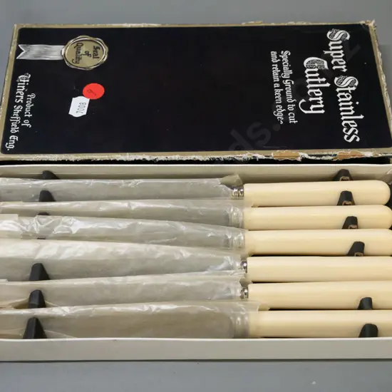 as new boxed set of Viners of Sheffield super stainless faux-bone-handled knives w/ original packaging.