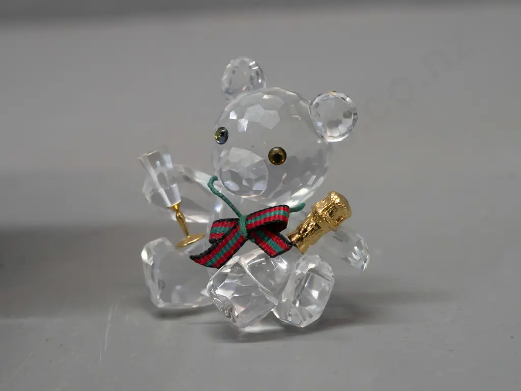 Swarovski crystal cased Teddy bear with champagne bottle, striped ribbon scarf, with original box. H-45 Image 1++