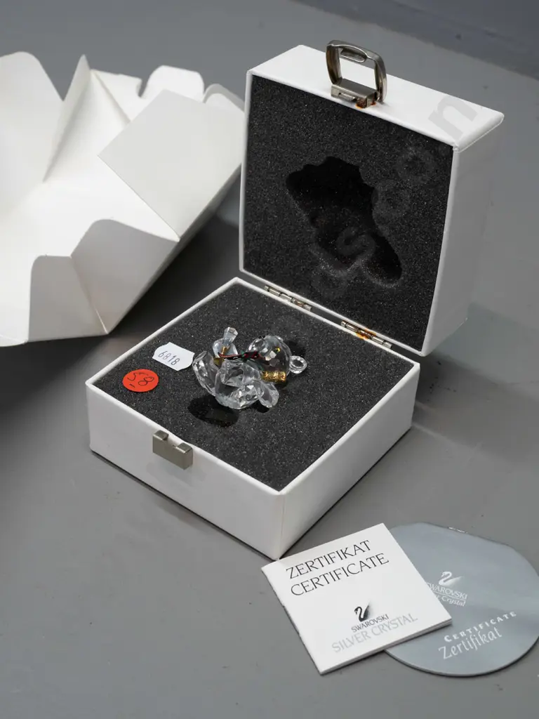 Swarovski crystal cased Teddy bear with champagne bottle, striped ribbon scarf, with original box. H-45 Image 1++