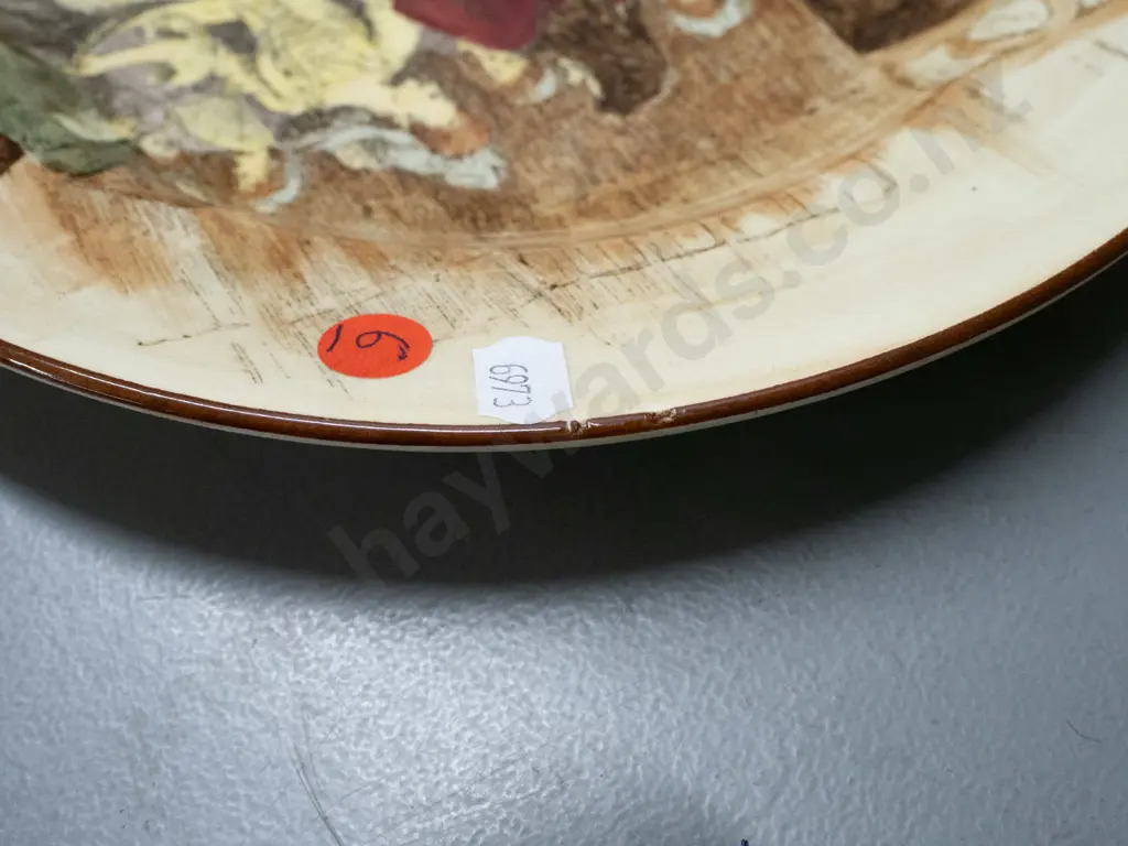 3 Royal Doulton items - Sir Roger de Coverley plate and biscuit barrel with plated lid and handle, and a deco pansy Image 1++