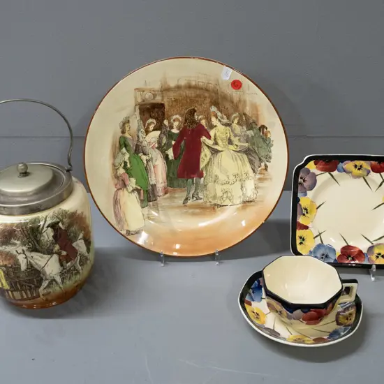 3 Royal Doulton items - Sir Roger de Coverley plate and biscuit barrel with plated lid and handle, and a deco pansy