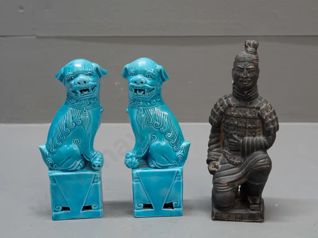 3 small Chinese figurines - pair of bright turquoise glaze foo dogs and a terracotta warrior H-135 Image 1++