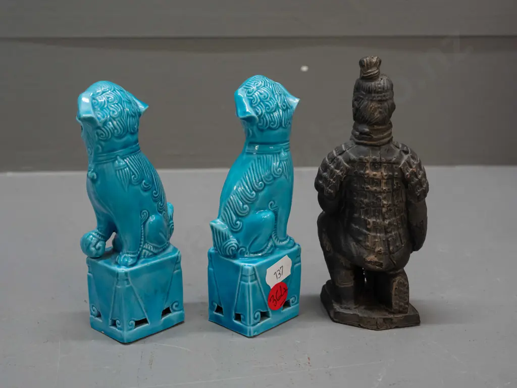 3 small Chinese figurines - pair of bright turquoise glaze foo dogs and a terracotta warrior H-135 Image 1++