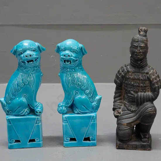 3 small Chinese figurines - pair of bright turquoise glaze foo dogs and a terracotta warrior H-135