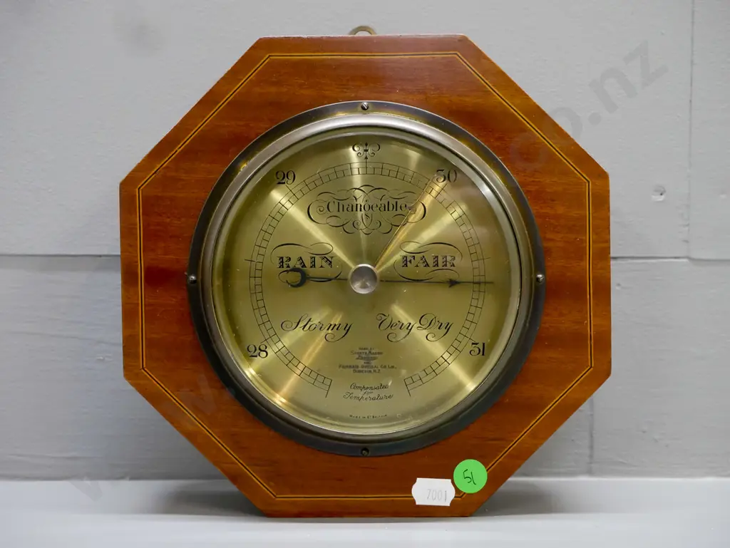 vintage Short & Mason Compensated Aneroid Barometer, retailed by Fairmaid Optical Dunedin. Octagonal wood-inlayed case, Image 1++