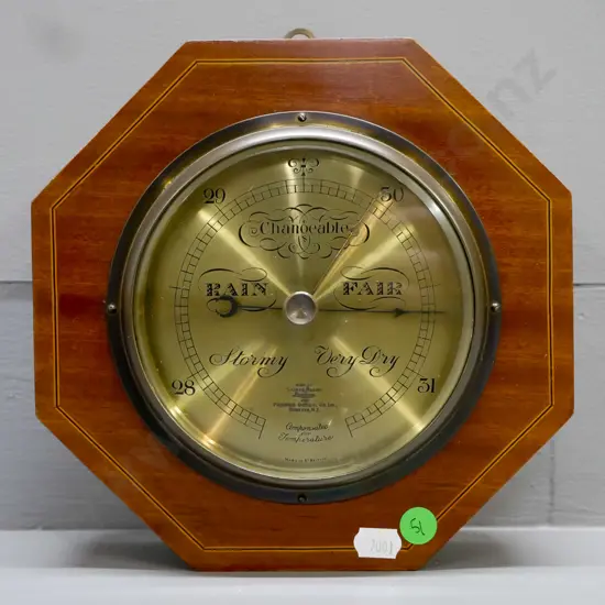 vintage Short & Mason Compensated Aneroid Barometer, retailed by Fairmaid Optical Dunedin. Octagonal wood-inlayed case,