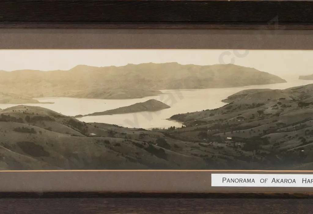 Robert Percy Moore c1920s -- framed panoramic photograph "Akaroa Harbour NZ No. 1" H-180 W-935 [some silvering to dark Image 1++