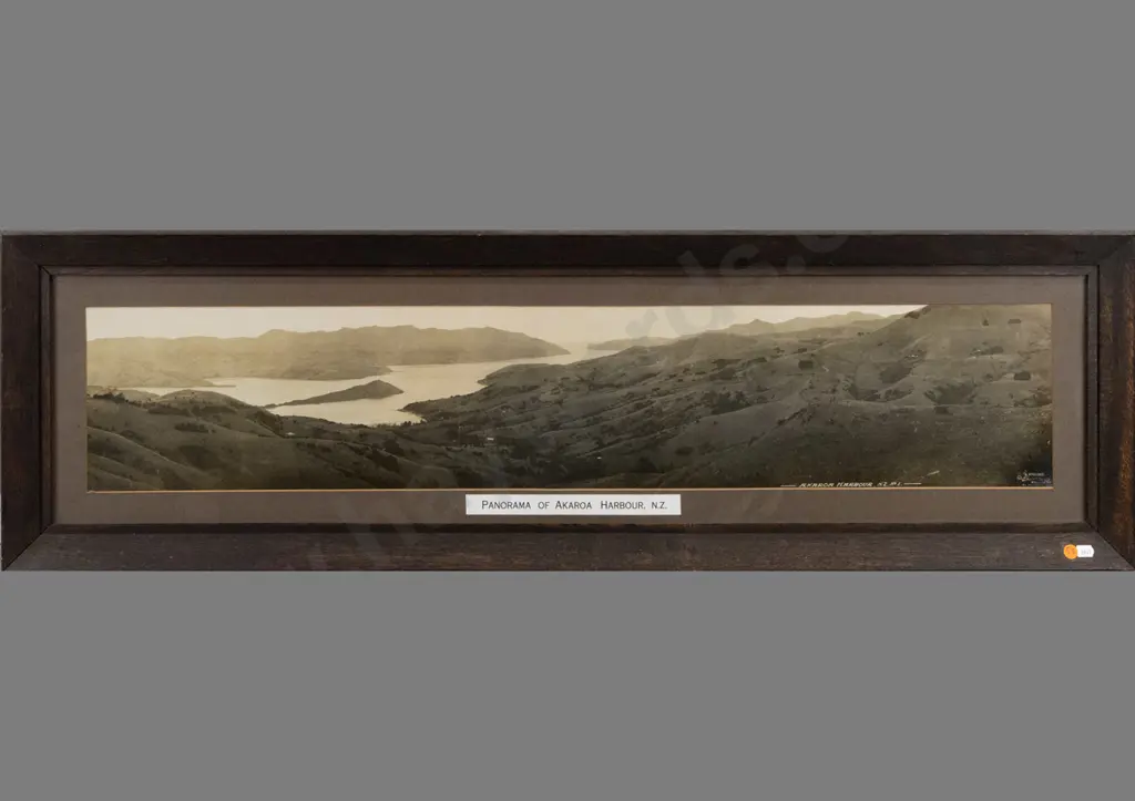 Robert Percy Moore c1920s -- framed panoramic photograph "Akaroa Harbour NZ No. 1" H-180 W-935 [some silvering to dark Image 1++