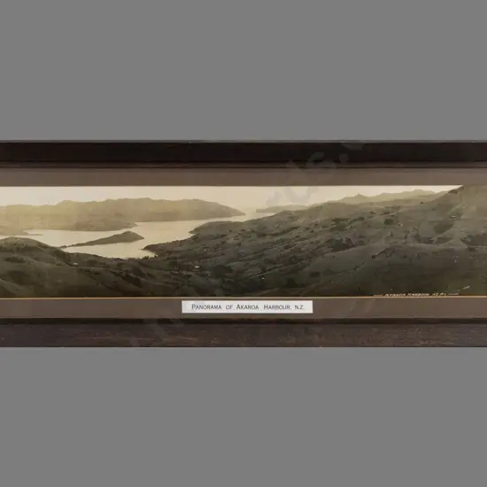 Robert Percy Moore c1920s -- framed panoramic photograph "Akaroa Harbour NZ No. 1" H-180 W-935 [some silvering to dark