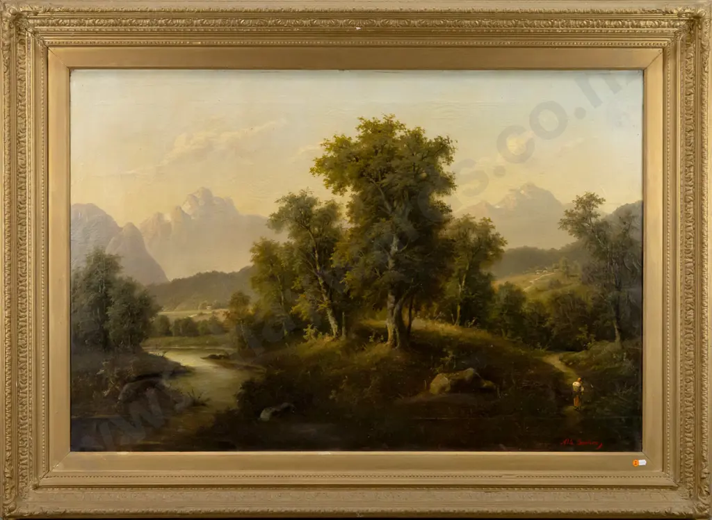 Alb. Boehm [father to Adolf Boehm?] n.d. -- framed oil on canvas "Forest Scene Near Loch Loyal" H-830 W-1245 [craquelure Image 1++