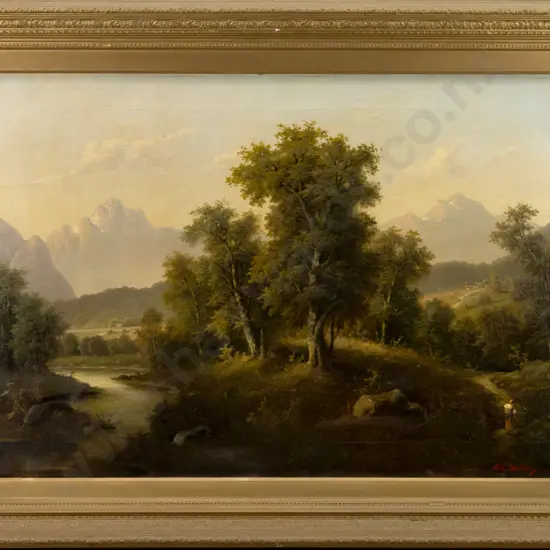 Alb. Boehm [father to Adolf Boehm?] n.d. -- framed oil on canvas "Forest Scene Near Loch Loyal" H-830 W-1245 [craquelure