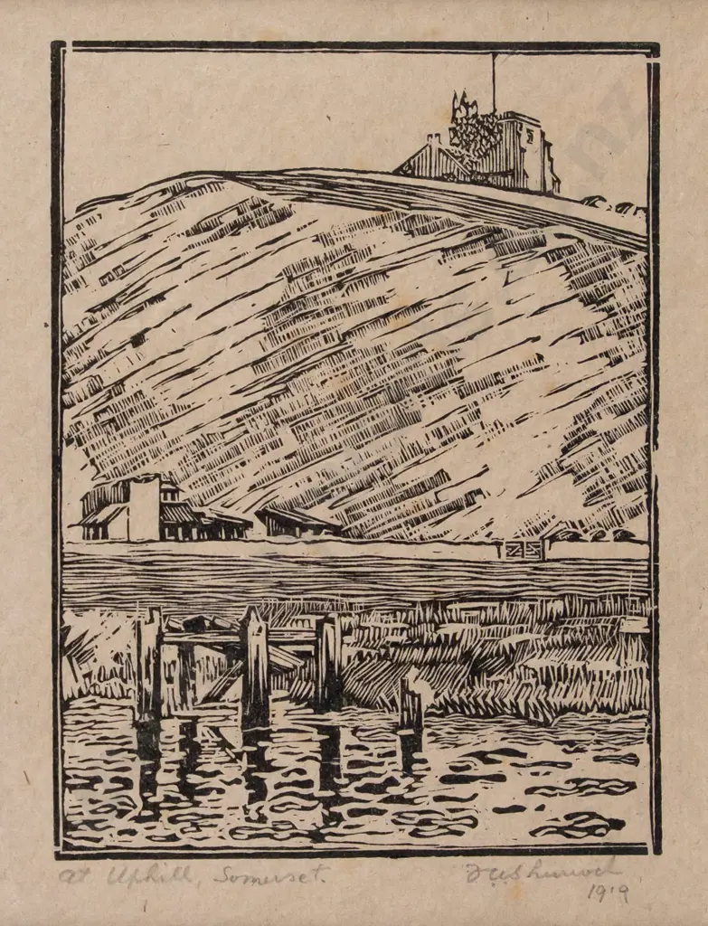 Francis Shurrock 1919 - framed etching "At Uphill, Somerset" H105 W75 Image 1++