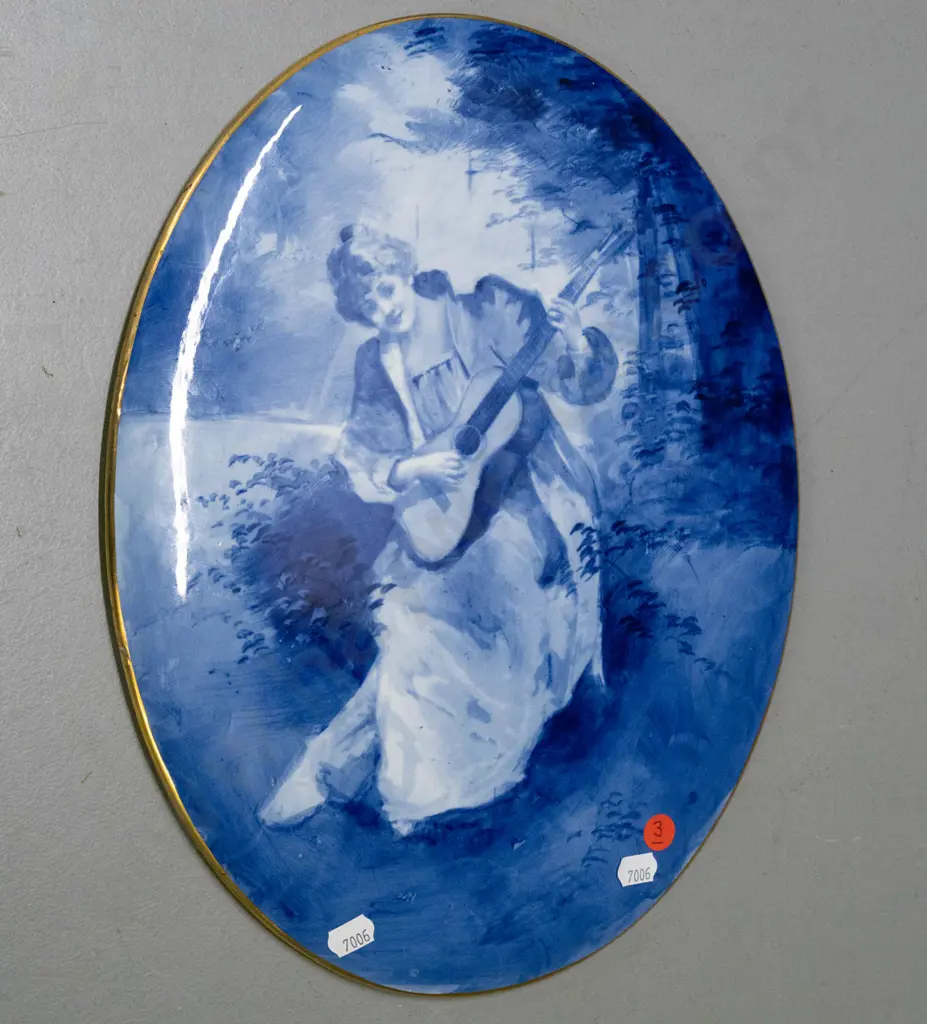 Royal Doulton "Blue Children" series blue & white oval wall plaque with gilt edging - has repaired chip to edge, hanging Image 1++