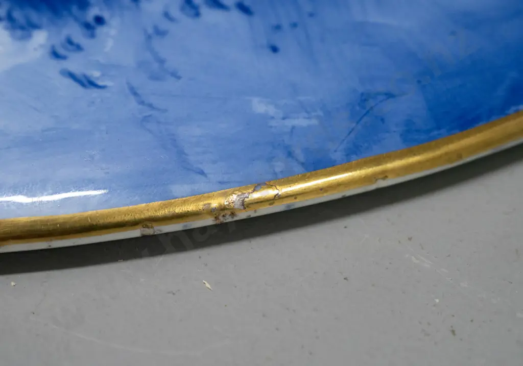 Royal Doulton "Blue Children" series blue & white oval wall plaque with gilt edging - has repaired chip to edge, hanging Image 1++