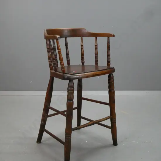 vintage oak child's high chair with turned spindles and bowed back, turned legs and rails - front legs loose H-700 W-380