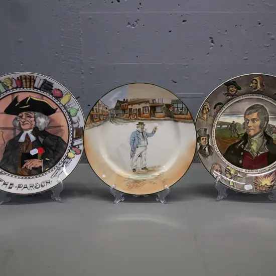 3x Royal Doulton dinner plates: The Parson, Robbie Burns, Cap'n Cuttle. Largest D-270.