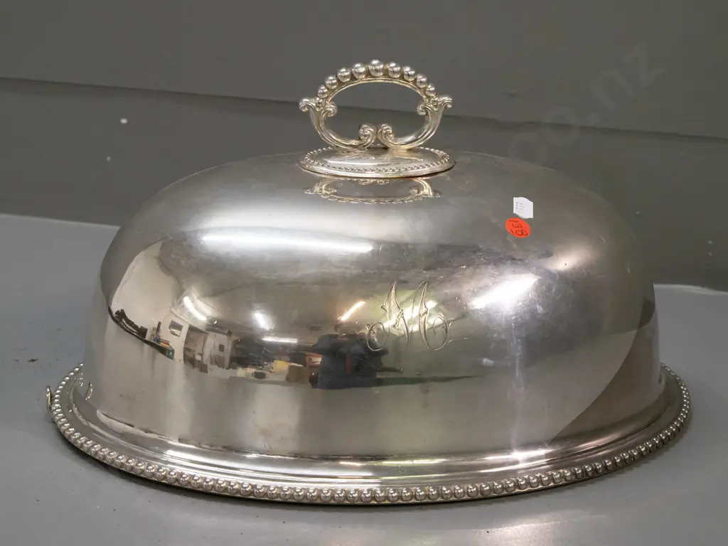 silver plated serving cover dome with beaded handle and rim, monogram M on front, hanging ring, Walker & Hall marks - Image 1++