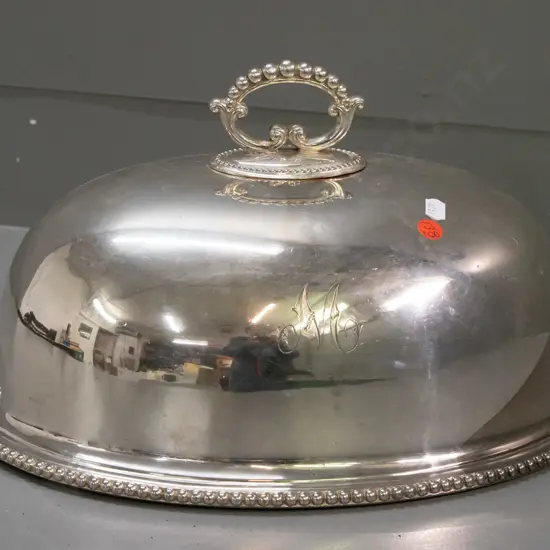 silver plated serving cover dome with beaded handle and rim, monogram M on front, hanging ring, Walker & Hall marks -