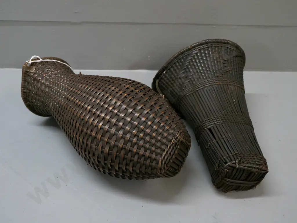 2 east African woven textile food baskets - some wear and tear to trumpet shaped one, other is H-260 D-120 Image 1++