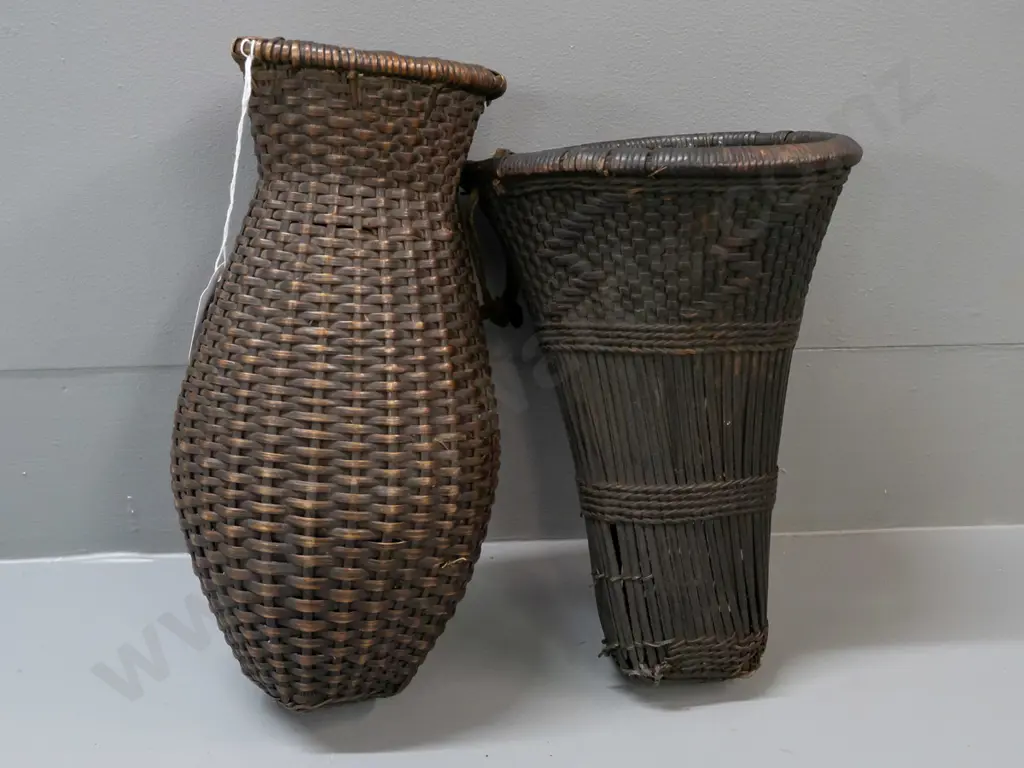 2 east African woven textile food baskets - some wear and tear to trumpet shaped one, other is H-260 D-120 Image 1++