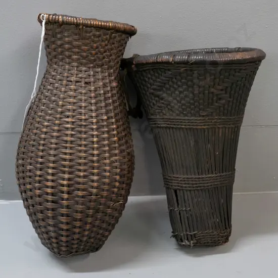 2 east African woven textile food baskets - some wear and tear to trumpet shaped one, other is H-260 D-120