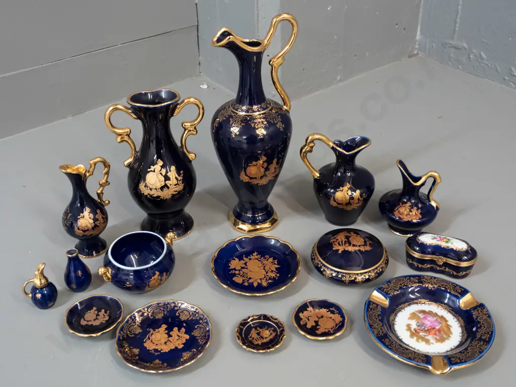 assorted blue and gold Limoges china - jugs, double handled vase, ashtray, small plates etc. - largest jug H-240 Image 1++