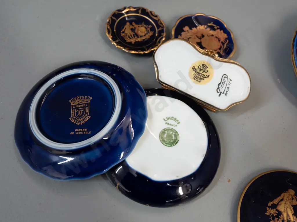 assorted blue and gold Limoges china - jugs, double handled vase, ashtray, small plates etc. - largest jug H-240 Image 1++