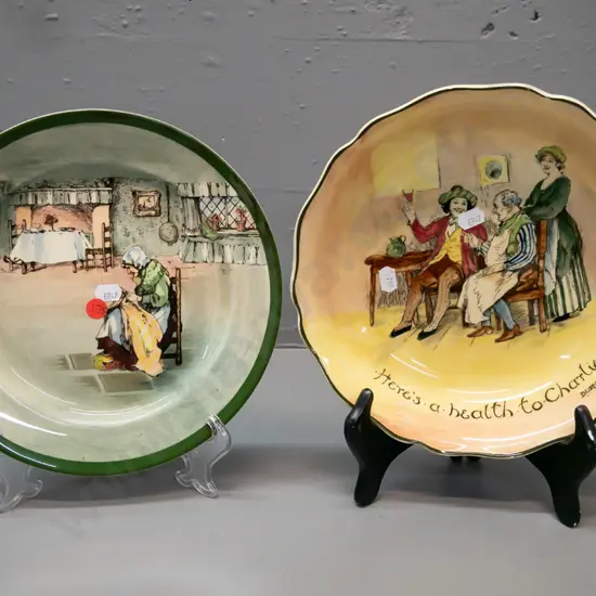 2x Royal Doulton items: 'Fireside' series plate; 'Here's to Health Charlie Burns' series bowl. Bowl D-240