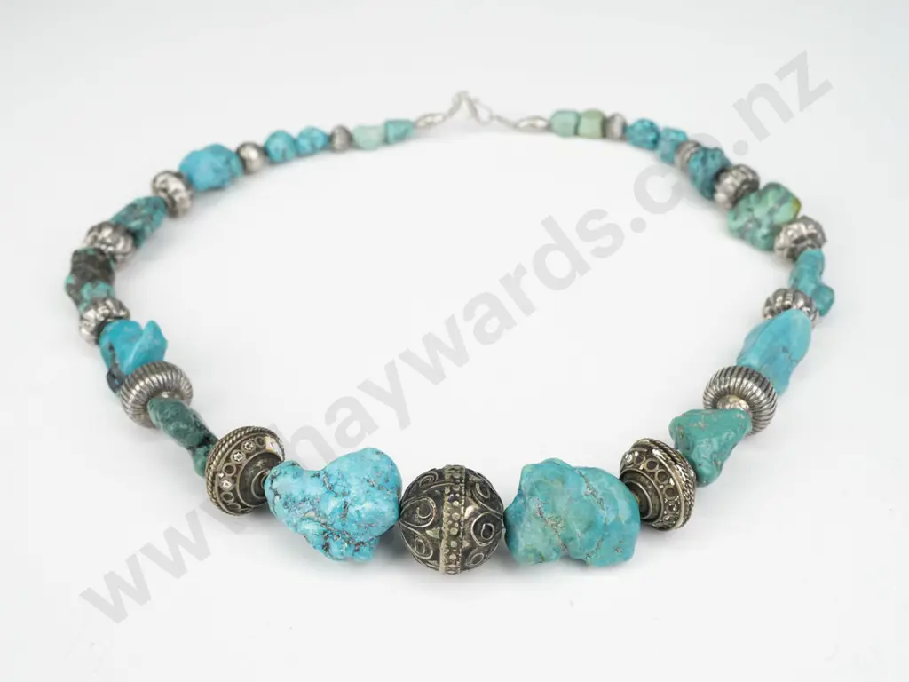 Nepalese turquoise [reconstituted] mixed with sterling silver beads from Java / Bali & berber steel beads from Morocco Image 1++