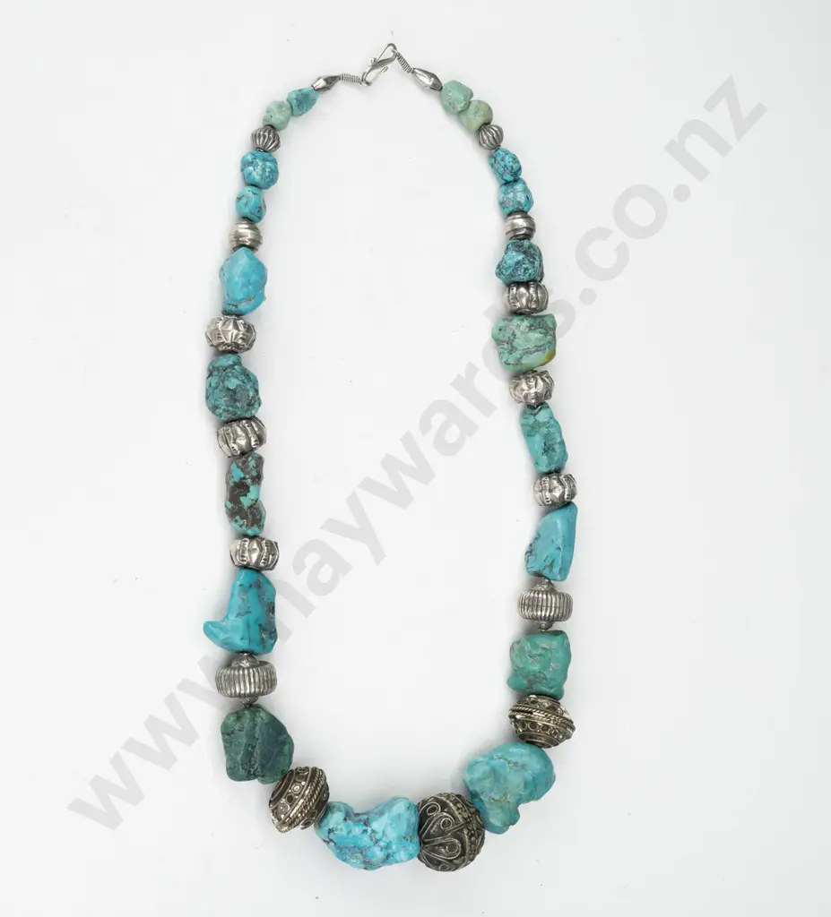 Nepalese turquoise [reconstituted] mixed with sterling silver beads from Java / Bali & berber steel beads from Morocco Image 1++