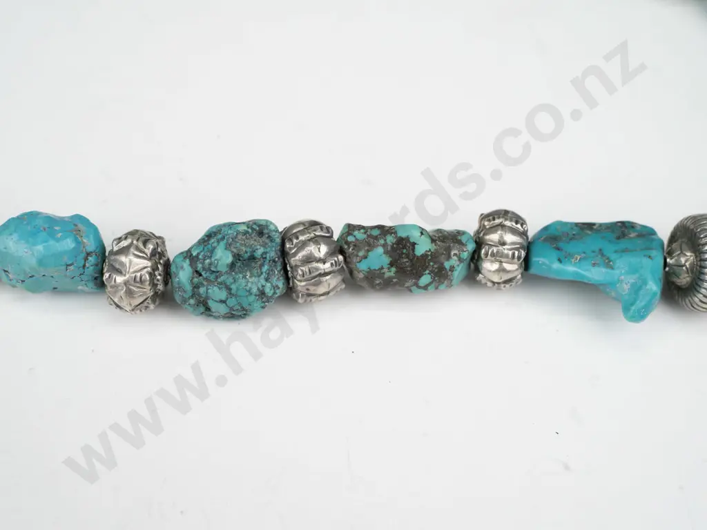 Nepalese turquoise [reconstituted] mixed with sterling silver beads from Java / Bali & berber steel beads from Morocco Image 1++