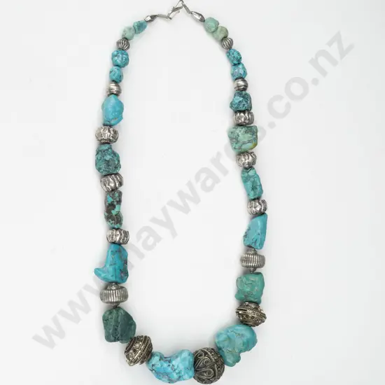 Nepalese turquoise [reconstituted] mixed with sterling silver beads from Java / Bali & berber steel beads from Morocco