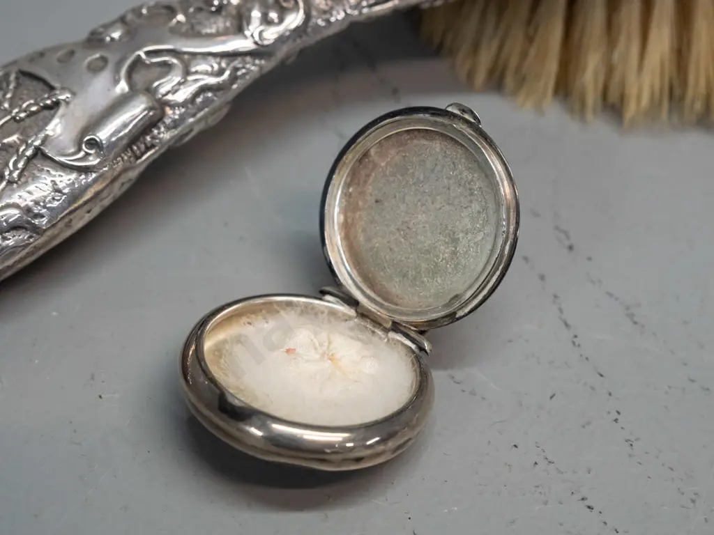 sterling silver dressing table items - 2 sterling mounted cut glass scent bottles, hair brush and miniature Image 1++