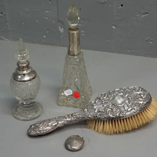 sterling silver dressing table items - 2 sterling mounted cut glass scent bottles, hair brush and miniature
