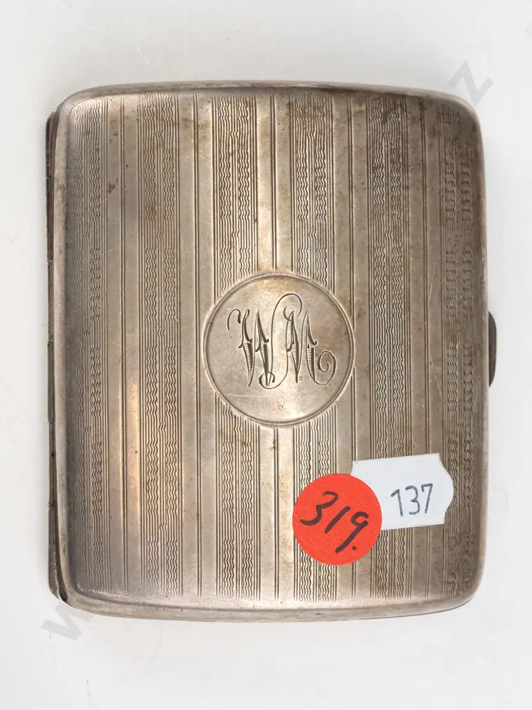 vintage sterling silver cigarette case w/monogram - hallmarked w/date code 'u' for 1919 - some scratches and a dent to Image 1++