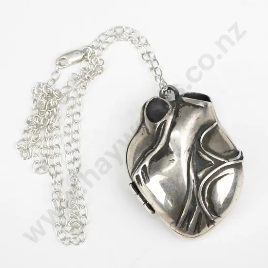 sterling silver anatomical heart locket with 4 internal chambers & internal blood vessel on chain-ltd ed 2/50 (57gm)