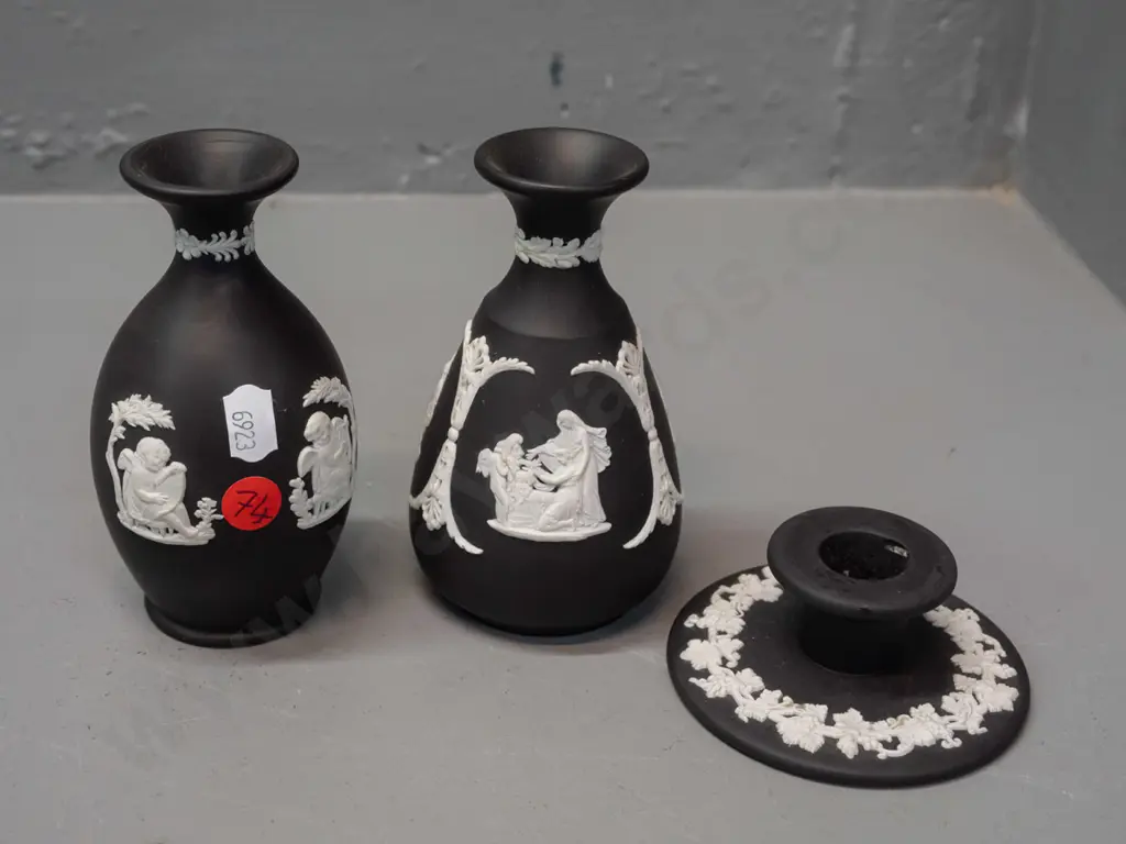 Wedgwood Jasperware black and white items - 2 vases H-120 and a single candlestick Image 1++