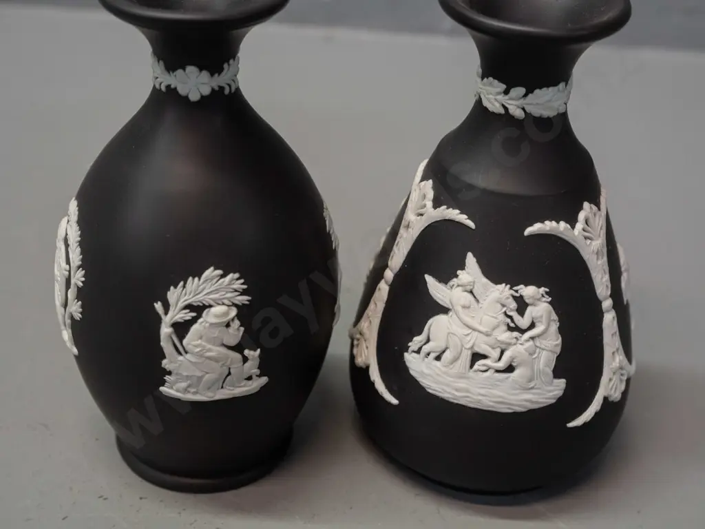 Wedgwood Jasperware black and white items - 2 vases H-120 and a single candlestick Image 1++