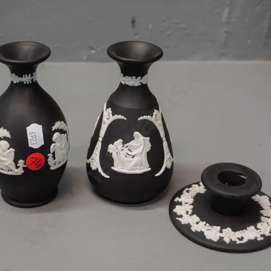 Wedgwood Jasperware black and white items - 2 vases H-120 and a single candlestick