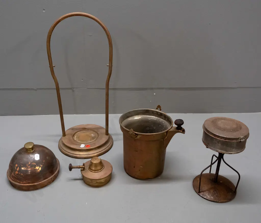 vintage brass coffee percolator, copper plated lid with brass finial, on pivot stand with spirit heater - discolouration Image 1++