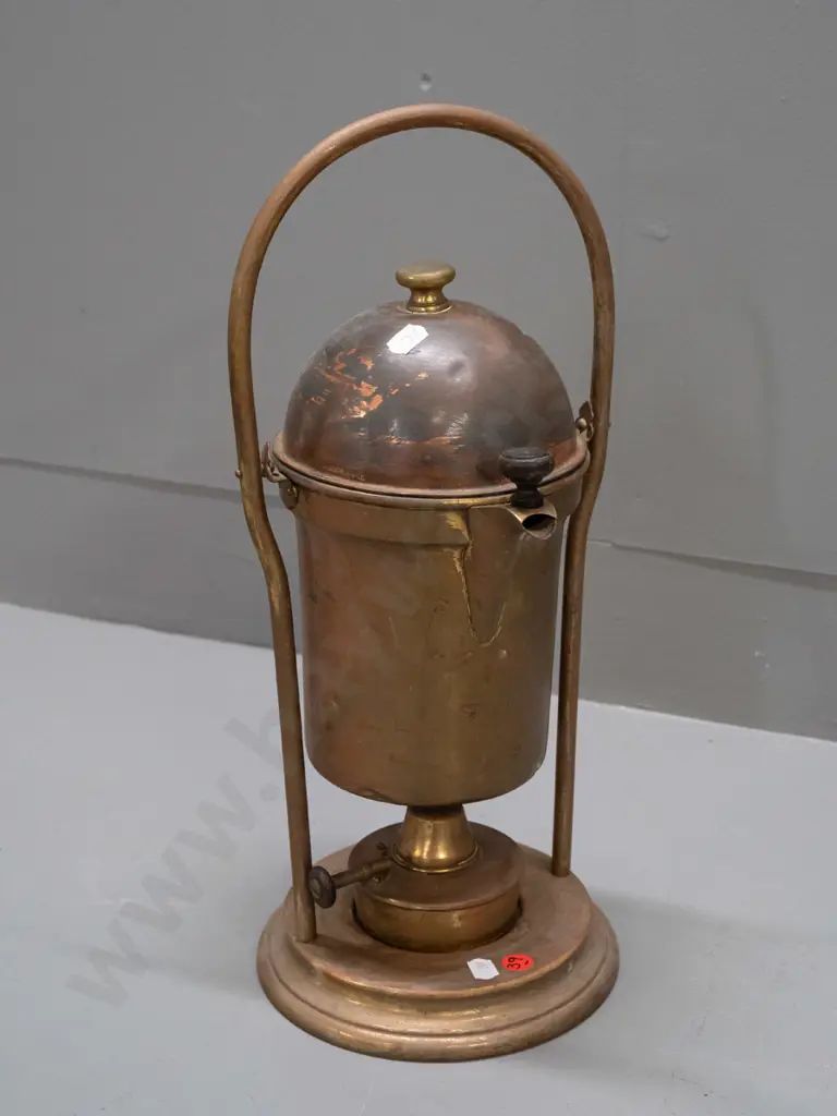 vintage brass coffee percolator, copper plated lid with brass finial, on pivot stand with spirit heater - discolouration Image 1++