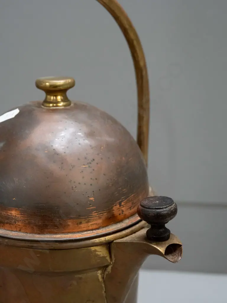 vintage brass coffee percolator, copper plated lid with brass finial, on pivot stand with spirit heater - discolouration Image 1++