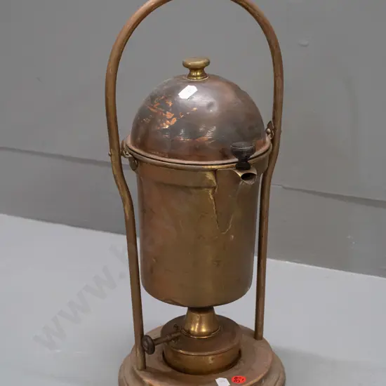 vintage brass coffee percolator, copper plated lid with brass finial, on pivot stand with spirit heater - discolouration