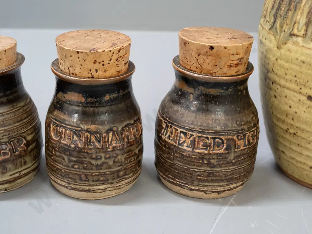 New Zealand studio pottery: vase marked Forster and 4 cork-stoppered spice containers, 2 marked Janet Wright Image 1++