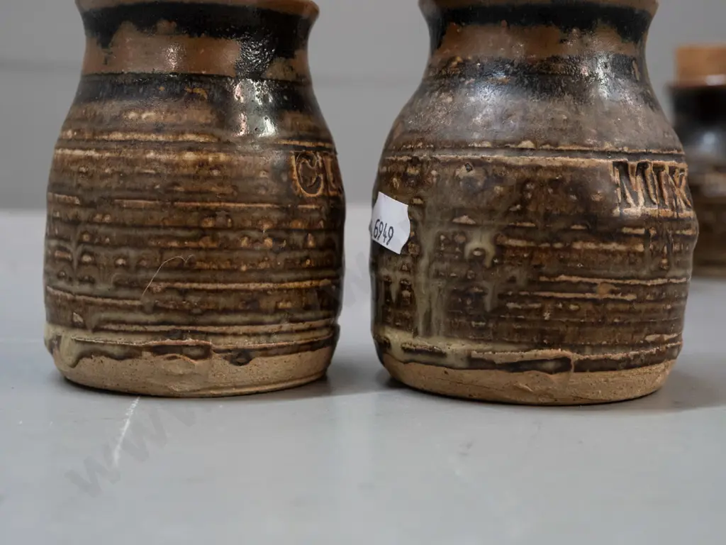 New Zealand studio pottery: vase marked Forster and 4 cork-stoppered spice containers, 2 marked Janet Wright Image 1++